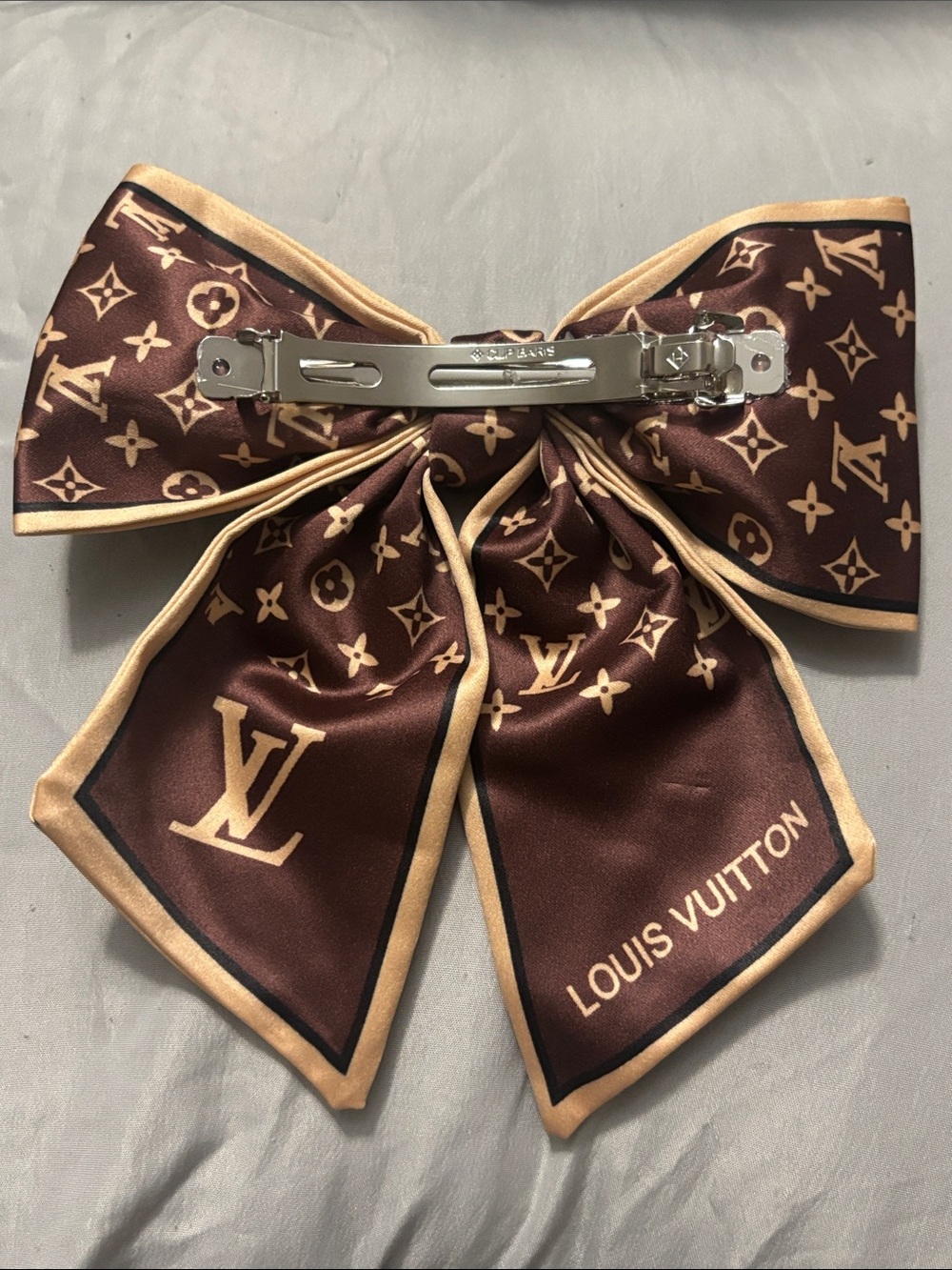 Louis Vuitton Brown & Beige Monogram Silk Bow Scarf - Picture 2 of 2